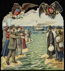 A happy new year. Jewish Americans welcoming Jews immigrating from Russia to America, 1909. Creator: Anonymous