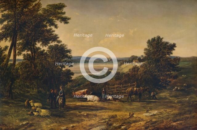 'A Harbour surrounded by Wooded Hills and Meadows with Cattle', 1859, (1938). Artist: Alfred Vickers.