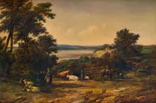 A Harbour surrounded by Wooded Hills and Meadows with Cattle 1859, (1938). Artist: Alfred Vickers