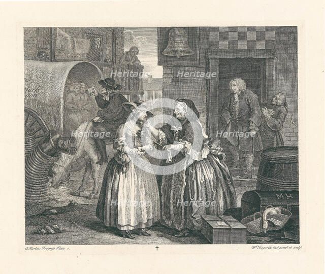 A Harlot's Progress. Plate 1: Moll Hackabout arrives in London at the Bell Inn, Cheapside, 1732. Creator: Hogarth, William (1697-1764).