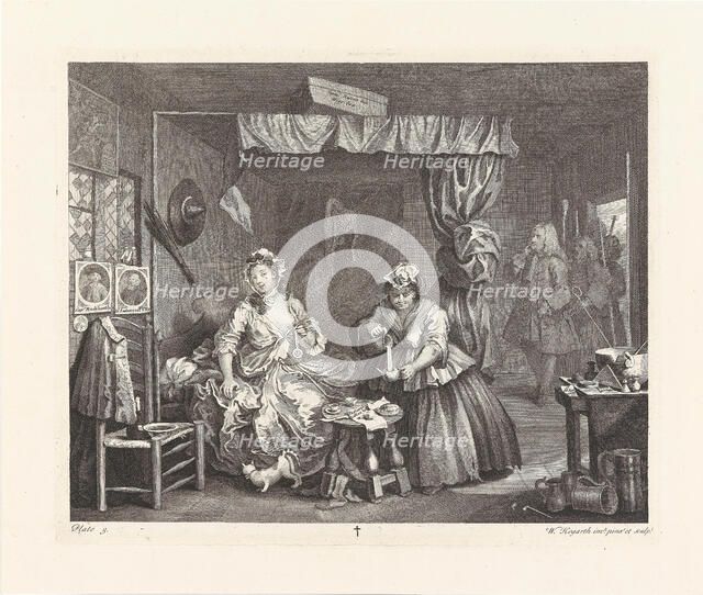 A Harlot's Progress. Plate 3: Moll has gone from kept woman to common prostitute, 1732. Creator: Hogarth, William (1697-1764).