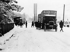 A Hay's Wharf Cartage Company Ltd van along a snowy A30, near Basingstoke, Hampshire, 1920s