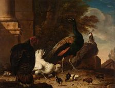 A Hen with Peacocks and a Turkey, c.1680. Creator: Melchior d'Hondecoeter