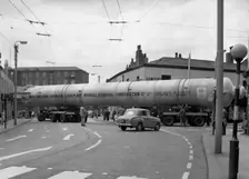 A heavy load stops the Manchester traffic, 1962. Creator: Michael Walters