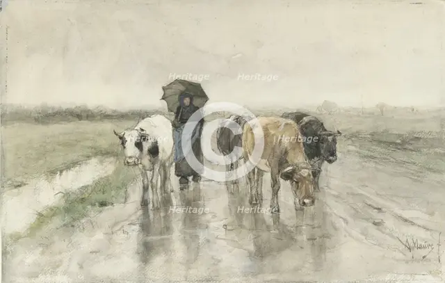 A Herdess with Cows on a Country Road in the Rain, 1848-1888. Creator: Anton Mauve.