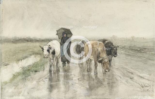 A Herdess with Cows on a Country Road in the Rain, 1848-1888. Creator: Anton Mauve.