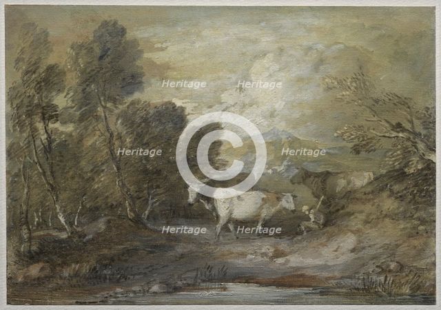 A Herdsman with Three Cows by an Upland Pool, mid 1780s. Creator: Thomas Gainsborough (British, 1727-1788).