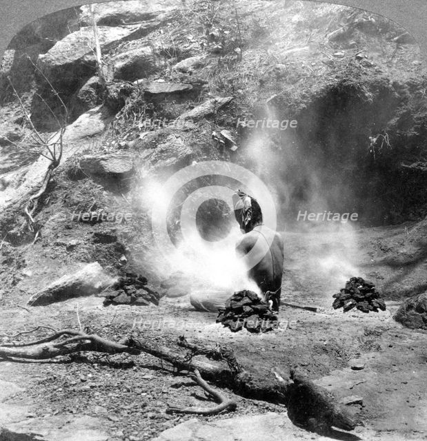 A hermit doing penence at Gem Lake, Mount Abu, India, 1903.Artist: Underwood & Underwood