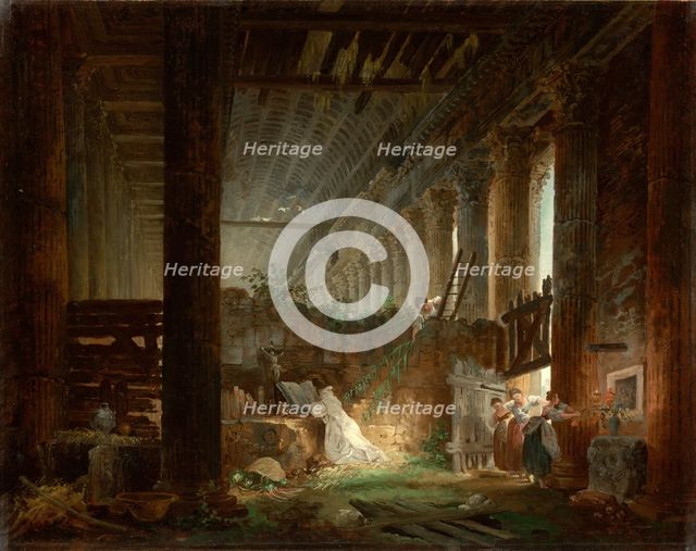 A Hermit Praying in the Ruins of a Roman Temple, ca 1760. Artist: Robert, Hubert (1733-1808)