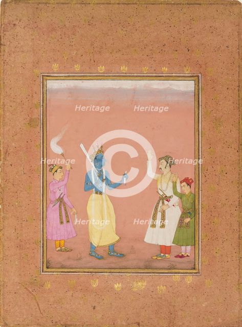 A hero greeted by princes, illustrating the musical mode Kanada Ragini, c1680. Artist: Ruknuddin.