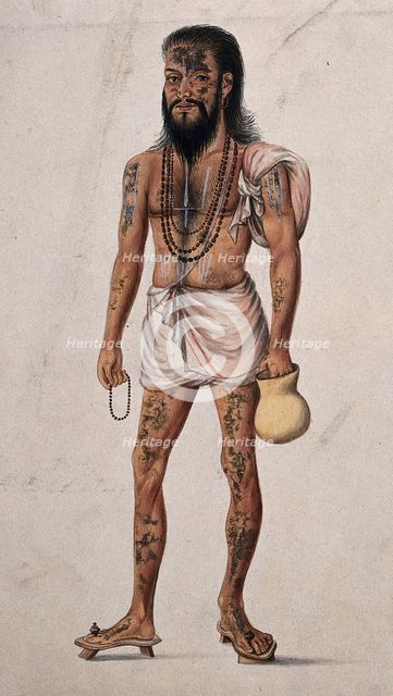 A Hindu ascetic man (sadhu) with beads around his neck is carrying a begging jar and prayer beads. Creator: Unknown.