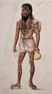 A Hindu ascetic man (sadhu) with beads around his neck is carrying a begging jar and prayer beads. Creator: Unknown