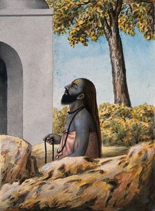 A Hindu ascetic or holy man, left profile view, meditating outside a temple (?), 1880. Creator: Unknown