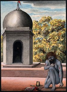 A Hindu ascetic or holy man, performing austerities outside a temple (?), 1880. Creator: Unknown