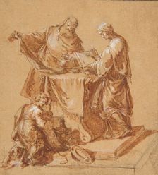 A High-Priest, the Prophetess Anna (?) and a Kneeling Boy around a Table, 1745. Creator: Anton Kern