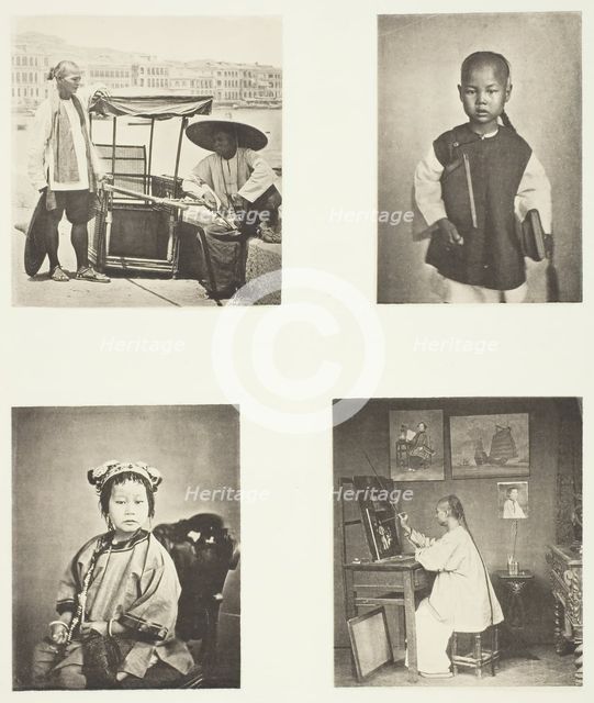 A Hong-Kong Sedan Chair; A Chineses School-Boy; A Chinese Girl; A Hong-Kong Artist, c. 1868. Creator: John Thomson.