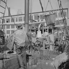 A hoister unloading fish at the Fulton fish market, New York, 1943. Creator: Gordon Parks