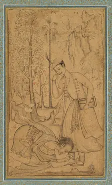 A Holy Man Prostrating Himself Before a Learned Prince, c. 1585; border added probably 1700s. Creator: Manohar (Indian), attributed to ; Basavana (Indian, active c. 1560-1600), and