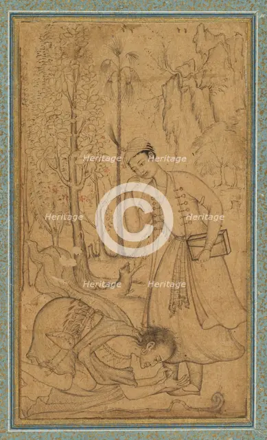 A Holy Man Prostrating Himself Before a Learned Prince, c. 1585; border added probably 1700s. Creator: Manohar (Indian), attributed to ; Basavana (Indian, active c. 1560-1600), and.