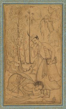 A Holy Man Prostrating Himself Before a Learned Prince, c. 1585; border added probably 1700s. Creator: Manohar (Indian), attributed to ; Basavana (Indian, active c. 1560-1600), and