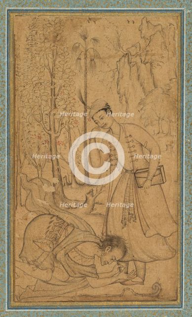 A Holy Man Prostrating Himself Before a Learned Prince, c. 1585; border added probably 1700s. Creator: Manohar (Indian), attributed to ; Basavana (Indian, active c. 1560-1600), and.