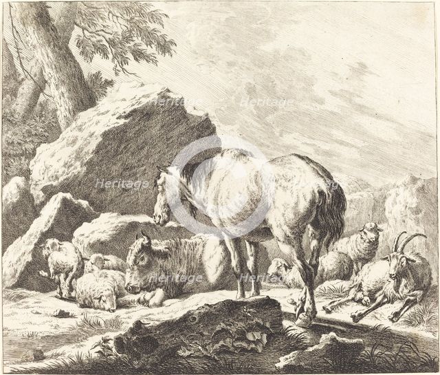 A Horse, Buffalo, Sheep, and Goat in an Italian Landscape. Creator: Johann Elias Ridinger.