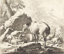 A Horse, Buffalo, Sheep, and Goat in an Italian Landscape. Creator: Johann Elias Ridinger