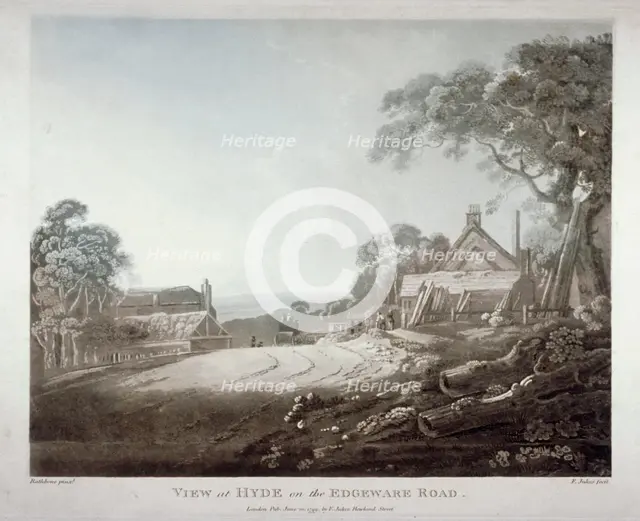 A horse-drawn carriage disappearing over a hill on the Edgware Road, London, 1799. Artist: Francis Jukes