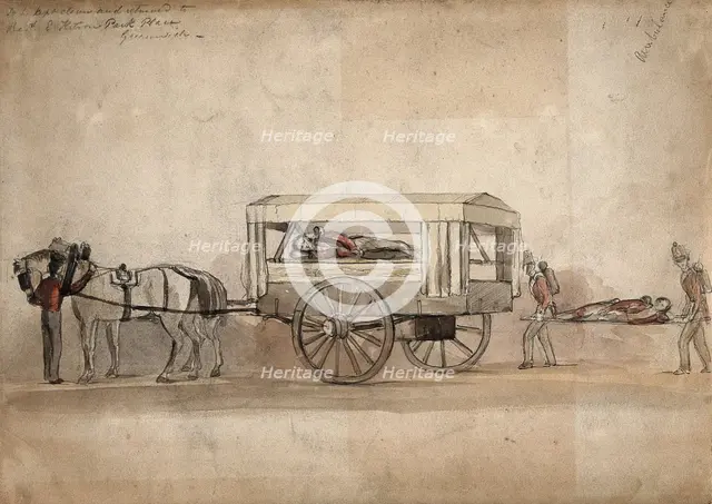 A horse-drawn military ambulance, c1850, with one patient being carried on a stretcher, 1850. Creator: Unknown.
