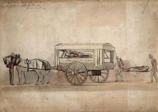 A horse-drawn military ambulance, c1850, with one patient being carried on a stretcher, 1850. Creator: Unknown