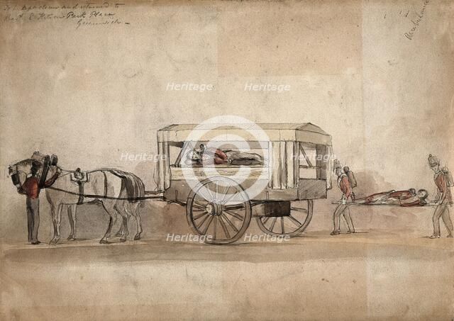 A horse-drawn military ambulance, c1850, with one patient being carried on a stretcher, 1850. Creator: Unknown.