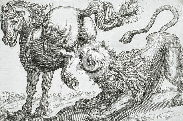 A Horse Kicking a Lion, 1610. Creator: Hendrick Hondius I.