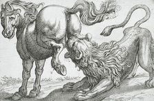 A Horse Kicking a Lion, 1610. Creator: Hendrick Hondius I