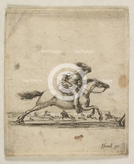 A horseman with sword in hand galloping towards the right, other horsemen galloping..., ca. 1645-46. Creator: Stefano della Bella.