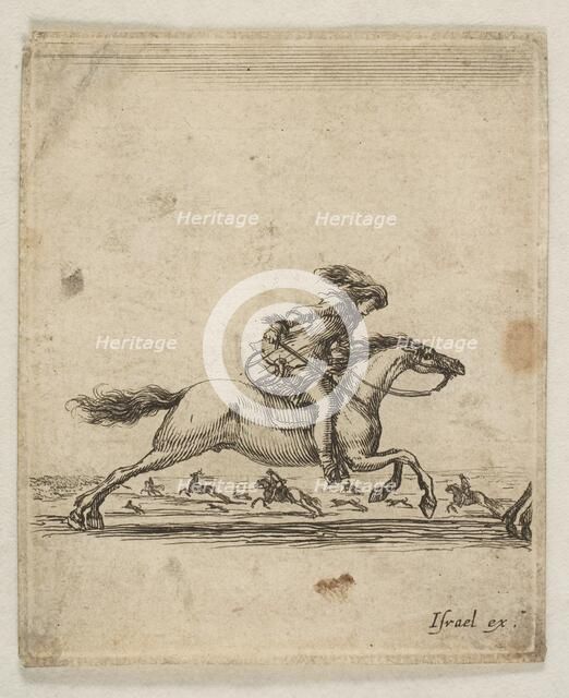 A horseman with sword in hand galloping towards the right, other horsemen galloping..., ca. 1645-46. Creator: Stefano della Bella.