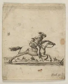 A horseman with sword in hand galloping towards the right, other horsemen galloping..., ca. 1645-46. Creator: Stefano della Bella