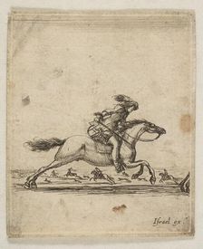 A horseman with sword in hand galloping towards the right, other horsemen galloping..., ca. 1645-46. Creator: Stefano della Bella