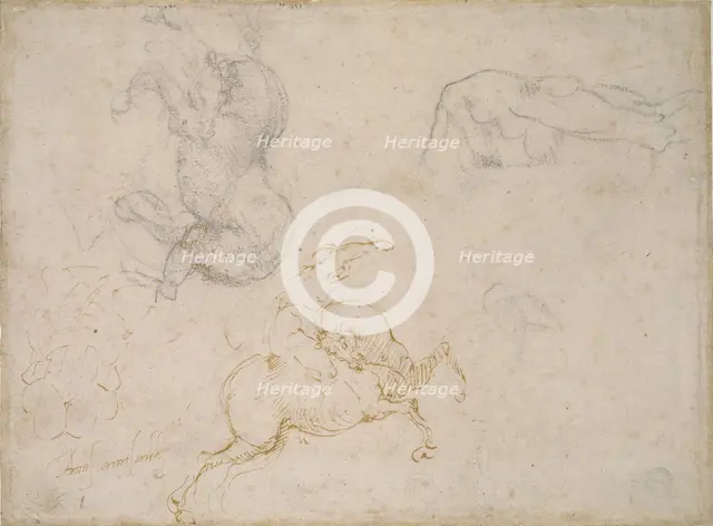 A Horseman charging and other Studies, 16th century. Artist: Michelangelo Buonarroti.