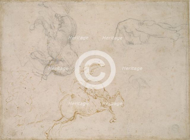 A Horseman charging and other Studies, 16th century. Artist: Michelangelo Buonarroti.