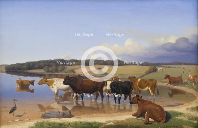 A hot Summer's afternoon; a herd of cattle has sought refuge in the Kölige lake, 1846. Creator: Jorgen Sonne.