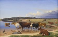 A hot Summer's afternoon; a herd of cattle has sought refuge in the Kölige lake, 1846. Creator: Jorgen Sonne