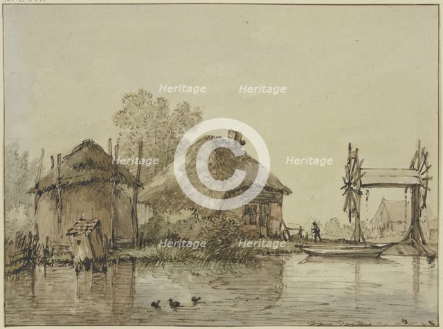 A house with a barn and a lock with two wheels by a canal. Creator: Jan Hulswit.