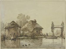 A house with a barn and a lock with two wheels by a canal. Creator: Jan Hulswit