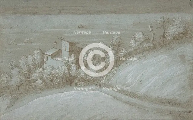 A House with a Dovecote and Trees by the Sea, 16th century. Creator: Gherardo Cibo.