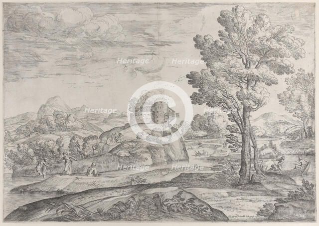 A house atop a round rock at center, people in the river and in canoes, 1626-80. Creator: Giovanni Francesco Grimaldi.