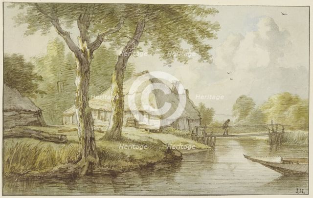 A house by the water, a jetty, the prow of a boat to the right, between two trees. Creator: Jan Hulswit.