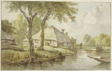 A house by the water, a jetty, the prow of a boat to the right, between two trees. Creator: Jan Hulswit