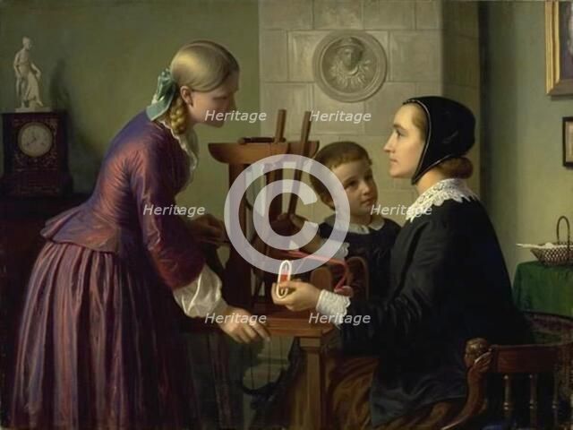 A housewife at her loom, with her two children, 1859. Creator: Constantin Hansen.