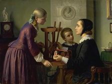 A housewife at her loom, with her two children, 1859. Creator: Constantin Hansen