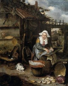 A Housewife in an inner Courtyard Cleaning Fish, 1639-1649. Creator: Hendrik Potuyl